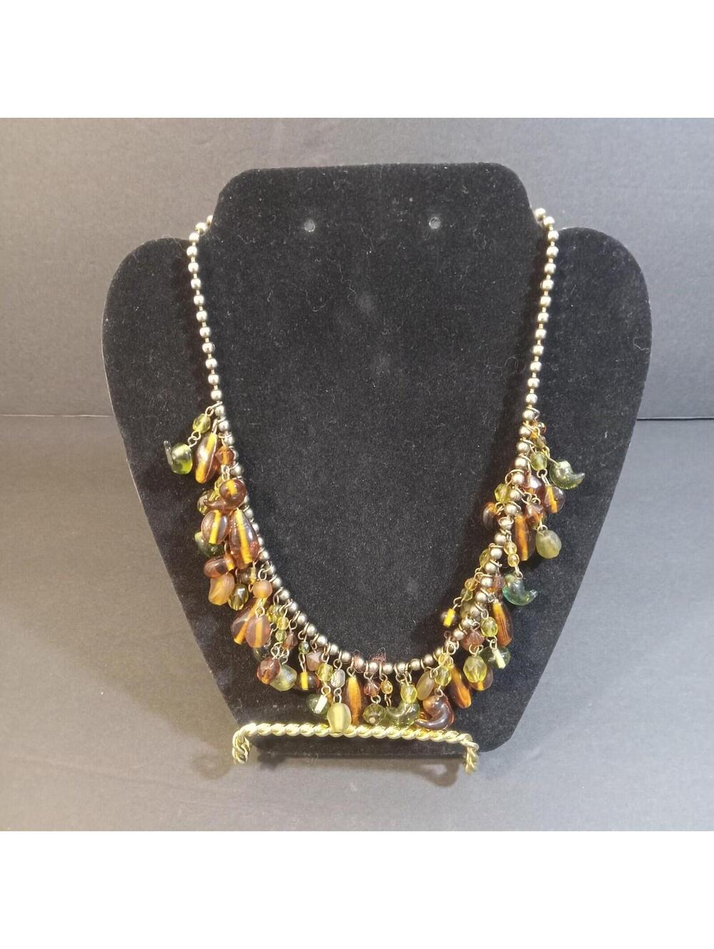 Bohemian Navajo Style Fringed Glass Bead Necklace Silver Amber Green Yellow Tone